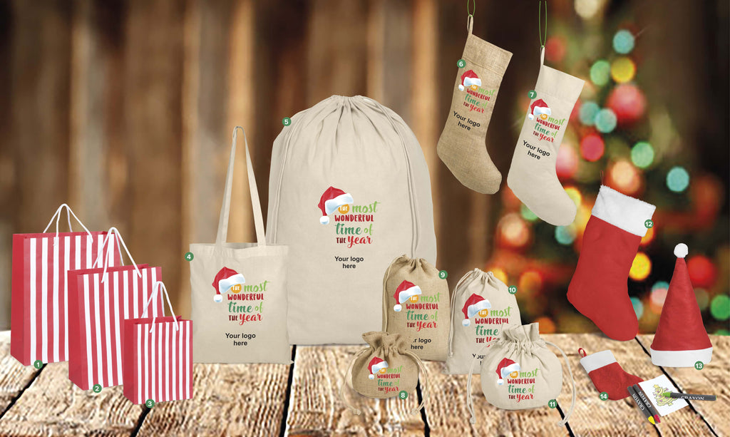 Festive Season promo goods. Christmas products. Christmas Corporate gifts. Stocking. Branded stocking. Christmas shopper. Jute bag